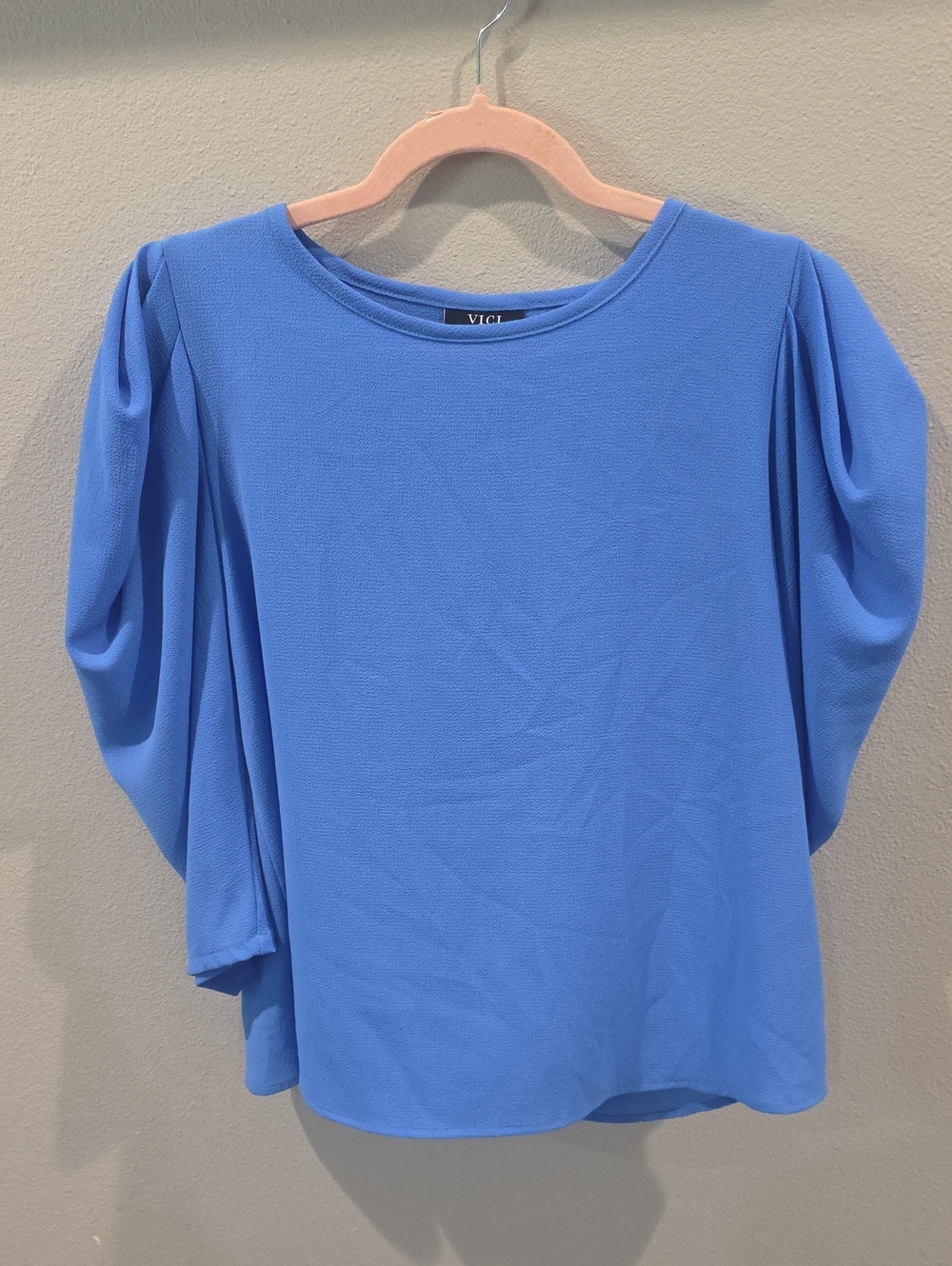 VICI Sky Blue Draped Puff-Sleeve Blouse